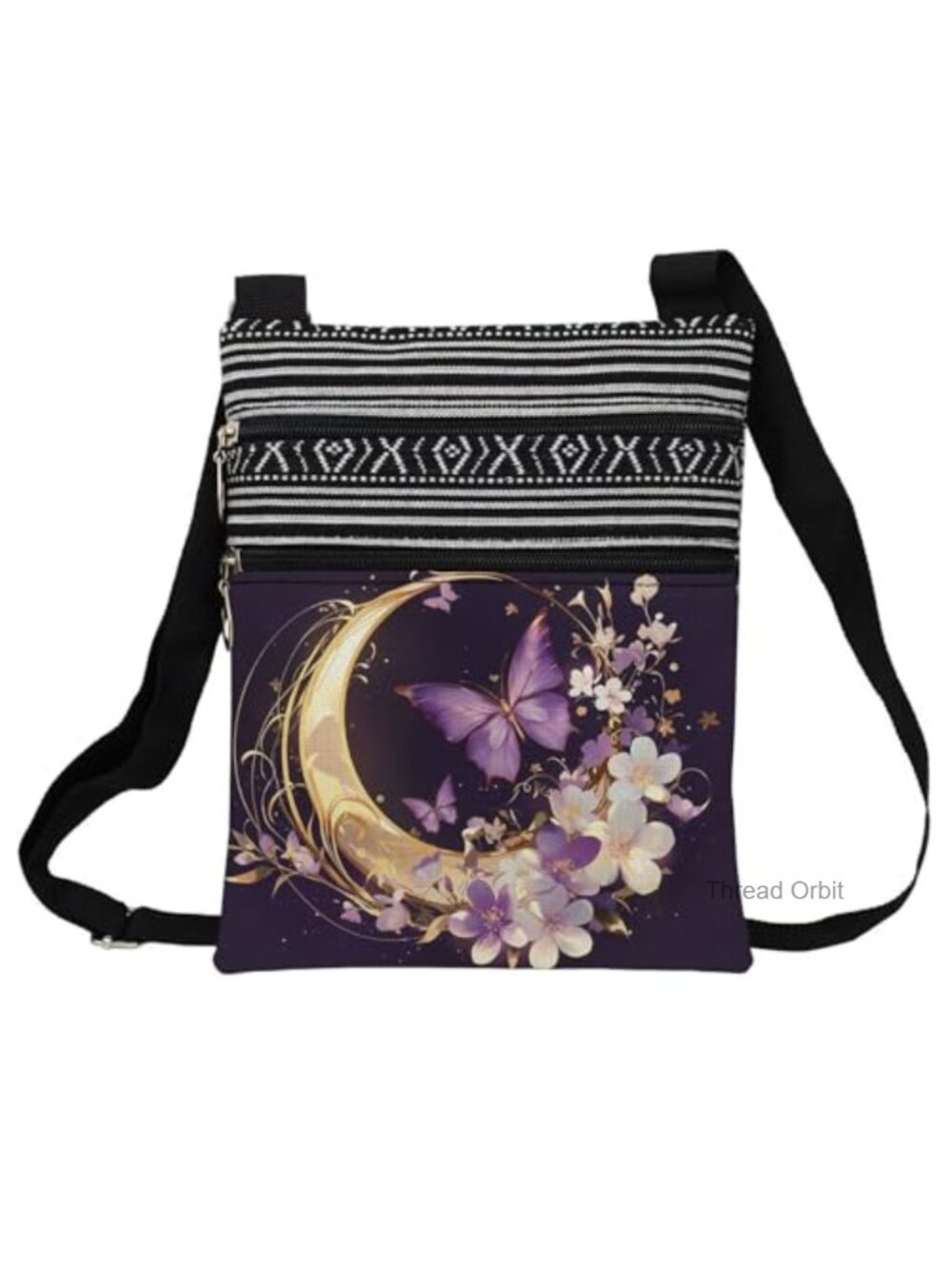 Floral Butterfly Crossbody Bag Adjustable Strap Zipper Purse Polyester